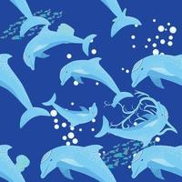 dolfijn, zee inwoners naadloos patroon, mooi karakter tussen schelpen, algen, zeester, marinier dieren in het wild vector