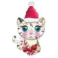 schattig tekenfilm kat in de kerstman hoed met geschenk, Kerstmis bal, snoep kane. winter 2023, Kerstmis en Chinese nieuw vector
