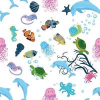zee inwoners naadloos patroon, mooi karakter tussen schelpen, zeewier, zeester, zee dieren dieren in het wild vector