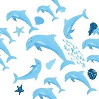 dolfijn, zee inwoners naadloos patroon, mooi karakter tussen schelpen, algen, zeester, marinier dieren in het wild vector