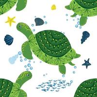 schildpad groen naadloos patroon, mooi karakter tussen schelpen, zeewier, zeester, zee dieren dieren in het wild natuur. natuur onderwater, marinier wild vis in de oceaan dierentuin. vector