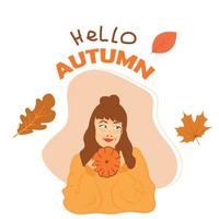 een roodharig meisje met bril met een pompoen in haar handen, herfst Hallo, bladeren.. een warm trui . banier illustratie vector