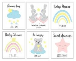 schattig vector hand- getrokken nieuw geboren kaart verzameling. reeks van schattig baby douche kaarten inclusief wolken, sterren, konijn, koala. geschenk kaarten en uitnodiging. baby douche viering concept.