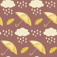 naadloos patroon met hand- getrokken paraplu's, wolken en regendruppels. achtergrond in warm herfst kleuren. dankzegging, halloween of oogst decoratie, scrapbooken, muur papier, omhulsel papier. vector