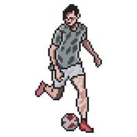 voetballer die bal schopt met pixelart. vector illustratie