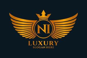luxe Koninklijk vleugel brief ni kam goud kleur logo vector, zege logo, kam logo, vleugel logo, vector logo sjabloon.