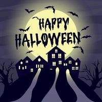vector illustratie in donker Purper kleuren halloween nacht reusachtig geel maan en vleermuizen drie wegen licht omhoog en lood geesten huis