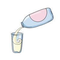 blauw plastic fles met een drankje, gieten melk in een glas schip, kopiëren ruimte, vector illustratie in tekenfilm stijl Aan een wit achtergrond