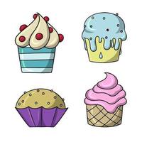 een reeks van pictogrammen, kleurrijk heerlijk cupcakes met delicaat fruit room en suiker kruimels, vector illustratie in tekenfilm stijl Aan een wit achtergrond