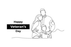 een doorlopend lijn tekening van veteraan soldaat met familie. veteranen dag concept. single lijn trek ontwerp vector grafisch illustratie.