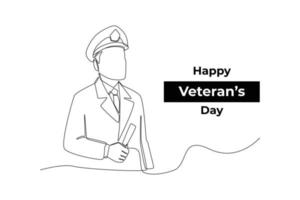 een doorlopend lijn tekening van veteraan met soldaat kostuum. veteranen dag concept. single lijn trek ontwerp vector grafisch illustratie.