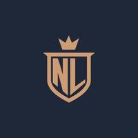 nl monogram eerste logo met schild en kroon stijl vector