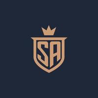 sa monogram eerste logo met schild en kroon stijl vector