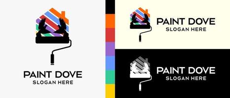 koel gebouw verf logo ontwerp sjabloon. penseel en duif met silhouet en huis icoon in regenboog kleuren concept. vector illustratie van een logo voor muur of gebouw verf. premie vector