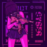 geweer vrouw cyberpunk fictie kleurrijk t-shirt ontwerp. abstract vector illustratie.