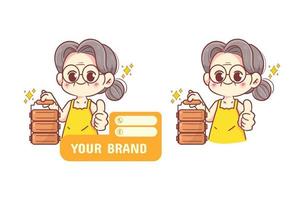 schattig grootmoeder of vrouw chef Holding pinto of lunchbox restaurant voedsel logo hand- getrokken tekenfilm illustratie vector