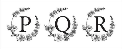 p q r brief. reeks modern hand getekend gegraveerde schetsen illustraties. lavendel bloem krans met alfabet monogram. mooi zo idee voor bruiloft decor. wijnoogst vector typografisch embleem, logo, etiket ontwerp.