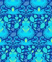 blauw groen kikkers met kronen Aan een vijver met lelies en bladeren. naadloos patroon. papier besnoeiing vlak stijl. kleding stof decoratie. afdrukken voor kleren. textiel ontwerp. hand getekend schattig karakter. vector
