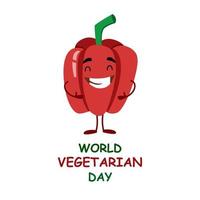 vector ansichtkaart van de wereld vegetarisch dag in een vlak stijl. grappig peper karakter.