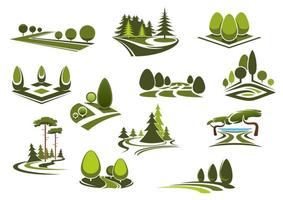 Woud, openbaar park en tuin landschappen pictogrammen vector