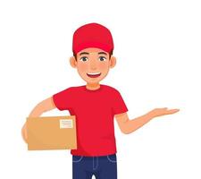 jong levering Mens of koerier onderhoud met rood pet uniform Holding doos pakket tonen hand- teken gebaar voor kopiëren ruimte vector
