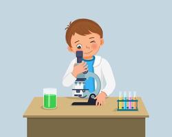 schattig weinig jongen wetenschapper op zoek door microscoop aan het doen Onderzoek met chemisch vloeistof in wetenschap project experiment in de laboratorium vector