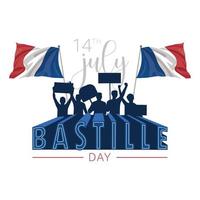 silhouet van mensen vieren met vlaggen Bastille dag viering vector illustratie