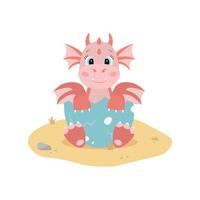 rood draak in ei schelp zittend Aan zand. schattig tekenfilm karakter in vlak stijl. vector illustratie Aan wit achtergrond.