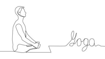 yoga, vrouw, Mens praktijken yoga terwijl zittend in de lotus positie. doorlopend lijn tekening vector