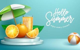 zomer vakantie vector ontwerp. Hallo zomer tekst in blauw achtergrond met oranje verfrissing sap voor tropisch seizoen kom tot rust vakantie brochure. vector illustratie.