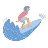 Mens surfer ritten Aan Golf. gelukkig Golf rijder in badmode Aan surfplank. zomer water werkzaamheid vlak vector illustratie