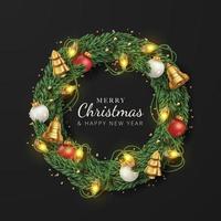 vrolijk Kerstmis achtergrond met realistisch decoratie ronde van Kerstmis boom takken, draad licht, bellen, en Kerstmis ballen. vector illustratie