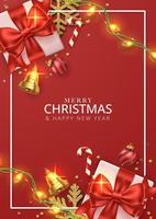 vrolijk Kerstmis poster achtergrond met geschenk, draad licht, snoep, klokken en sneeuwvlokken. vector illustratie