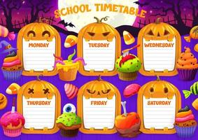 school- schema met halloween tekenfilm snoepgoed vector