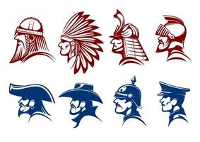 blauw en bruin pictogrammen van krijgers, soldaten symbolen vector
