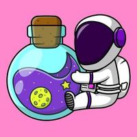 schattig astronaut knuffelen ruimte fles tekenfilm vector icoon illustratie. vlak tekenfilm concept