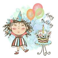 een verjaardag kaart voor een meisje. een schattig meisje met ballonnen en een taart viert haar verjaardag. vector. vector