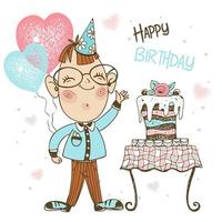 verjaardagskaart met schattig meisje met cake en ballonnen. vector. vector