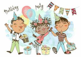 een verjaardag kaart. verjaardag feest. vrolijk kinderen in feestelijk petten met ballonnen, vlaggen en cadeaus vieren hun verjaardag. vector. vector