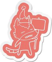 tekenfilm sticker van een wolf met teken post tonen tanden vervelend de kerstman hoed vector