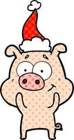 vrolijke stripboekstijlillustratie van een varken met een kerstmuts vector