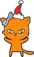 schattige lijntekening van een kat met een kerstmuts vector