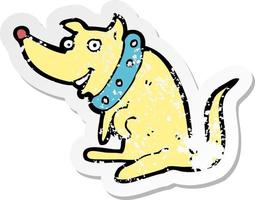 retro verontrust sticker van een tekenfilm gelukkig hond in groot halsband vector