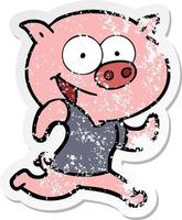 verontrust sticker van een vrolijk varken oefenen tekenfilm vector