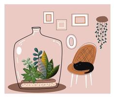 knus huis met veel van planten en dieren. vector tekening stijl kunst.