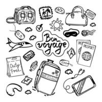 reeks van verschillend soorten van bagage, hand getekend in schetsen stijl. vector illustratie. groot en klein koffer, rugzak, klein tas, hand- bagage, valiseren, labels. kaart. camera. postzegels. vliegtuig. schetsen