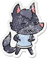 verontruste sticker van een cartoonwolf met tanden vector