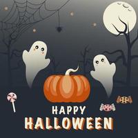 halloween kaart. schattig geesten, pompoen en tekst gelukkig halloween. poster, spandoek. vector illustratie in tekenfilm stijl.