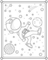schattig astronaut spelen maan bal in ruimte geschikt voor kinderen kleur bladzijde vector illustratie