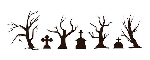 griezelig halloween begraafplaats grafstenen doodskisten vector verzameling. spookachtig bomen silhouetten
